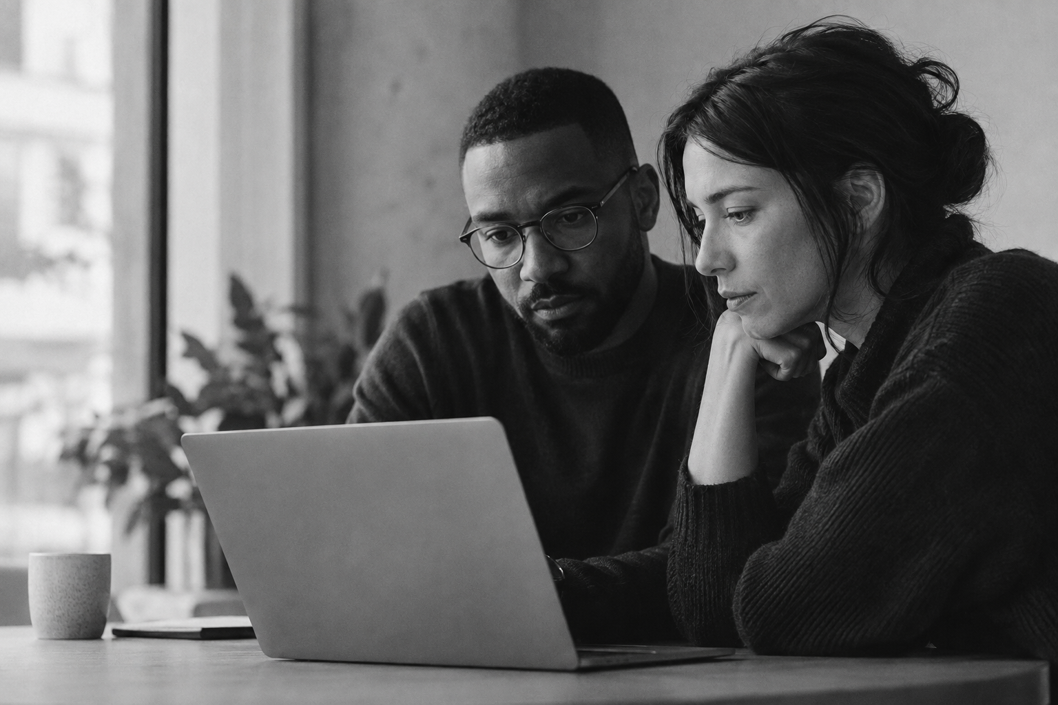 Illustrative workplace scene of two colleagues at a laptop